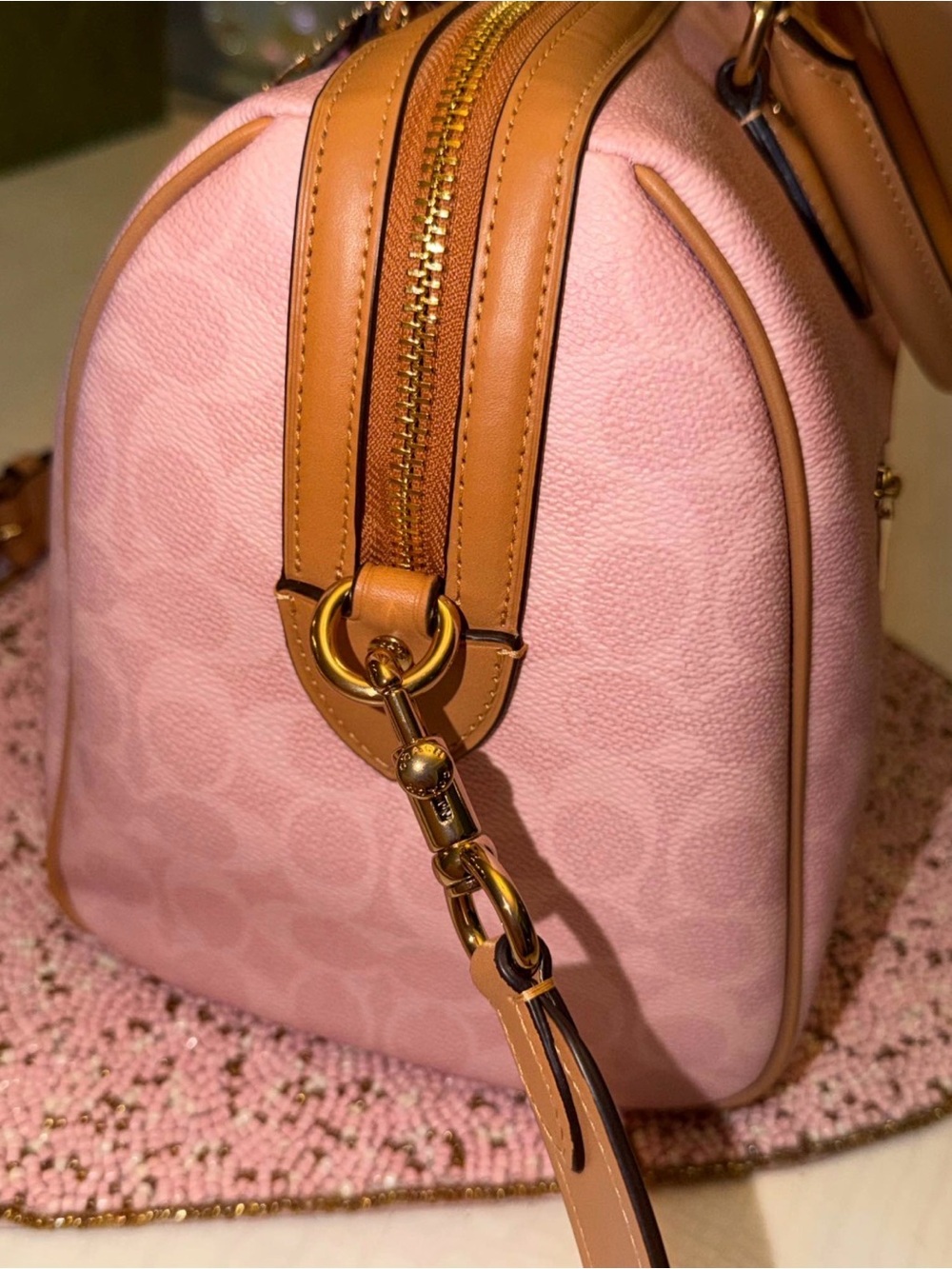 Coach Pink Signature Satchel with Floral Tag and Pearl Accents - Picture 4 of 10